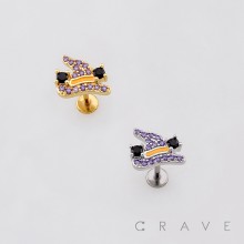 HALLOWEEN SORCERER WITCH HAT PURPLE 316L SURGICAL STEEL THREADLESS PUSH-PIN LABRET SET